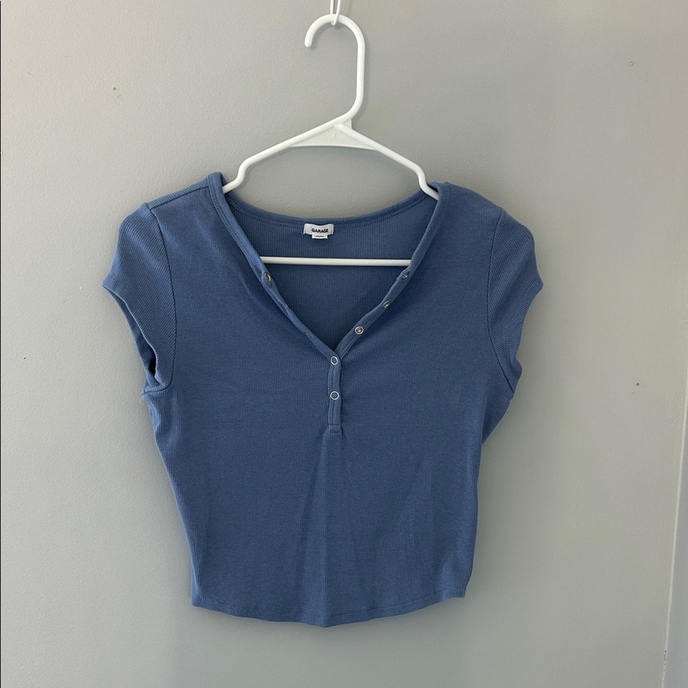 Garage Blue Ribbed Button Henley Crop Top